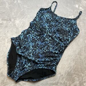 Speedo Womens One Piece Swimsuit Sz 10 Blue Mottled Classic Ruched Beach Swim